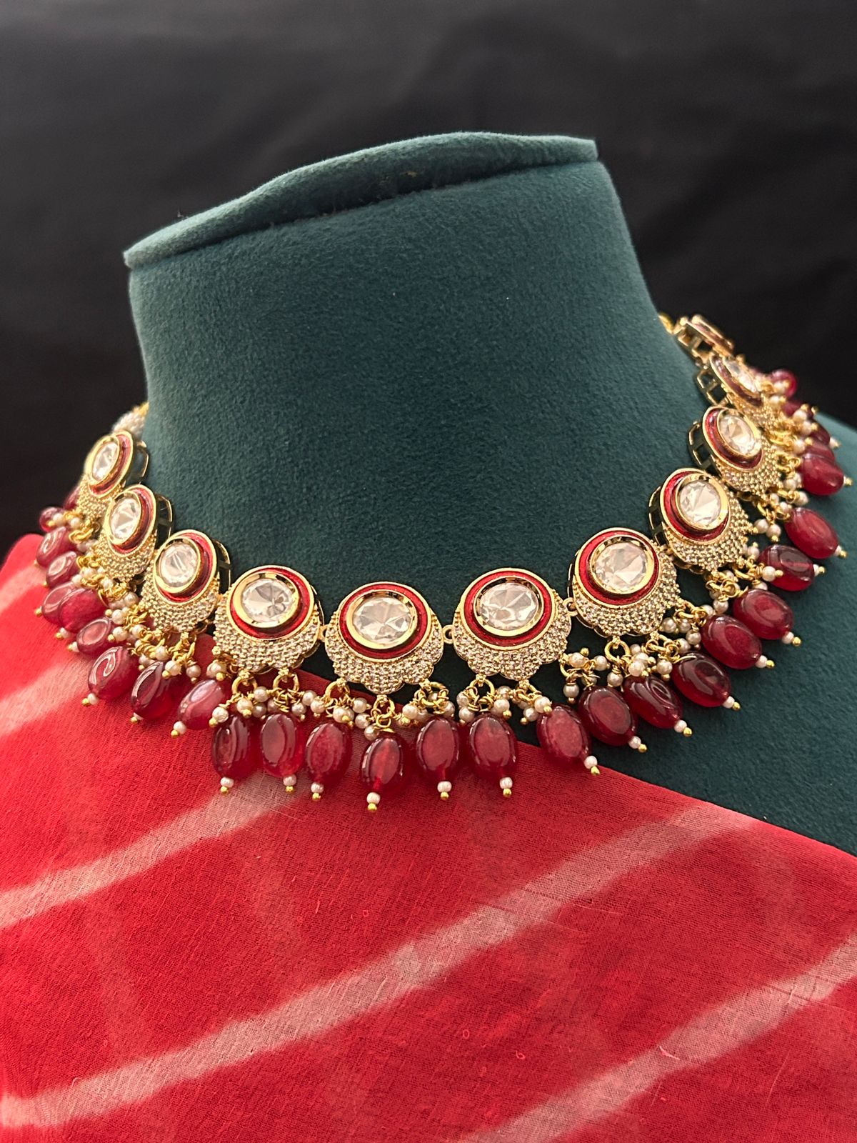 Ruby Red Kundan Choker Necklace Set with Earrings – Gold Finish